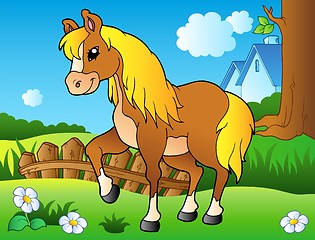 Image showing Cartoon horse on spring meadow