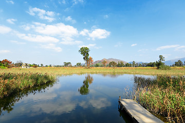 Image showing lake landscape with wooden pier