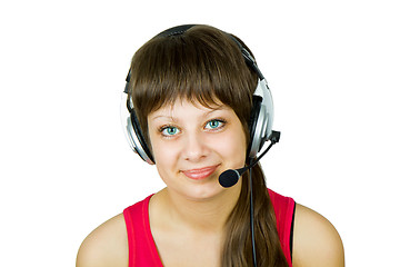 Image showing smiling girl in headphones with microphone