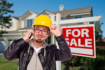 Image showing Contractor in Hard Hat in Front of House and Sign