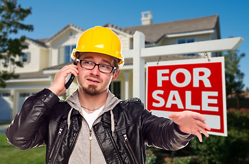 Image showing Contractor in Hard Hat in Front of House and Sign