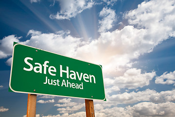 Image showing Safe Haven Green Road Sign and Clouds