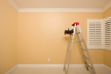 Image showing Empty Room with Ladder, Paint Tray and Rollers