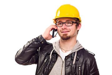 Image showing Handsome Young Man in Hard Hat on Phone