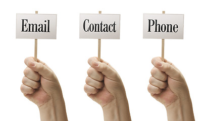 Image showing Three Signs In Fists Saying Email, Contact and Phone