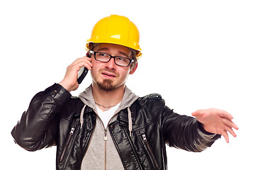Image showing Handsome Young Man in Hard Hat on Phone