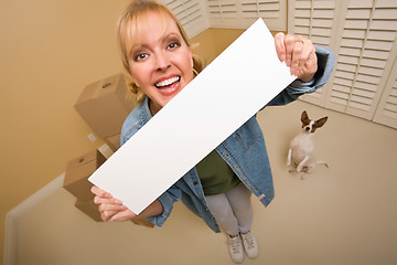 Image showing Woman and Doggy with Blank Sign Near Moving Boxes