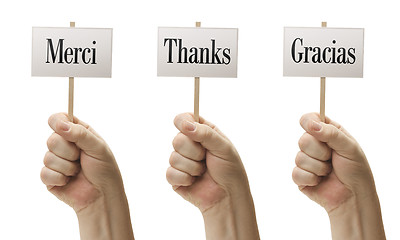 Image showing Three Signs In Fists Saying Merci, Thanks and Gracias