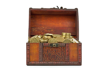 Image showing Old wooden chest with golden coins