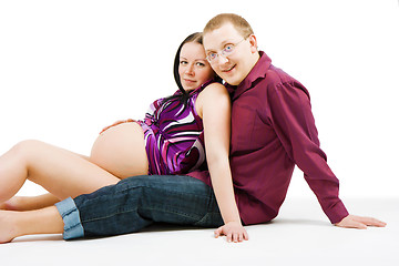 Image showing happy couple on a white background. Pregnancy