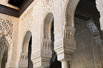 Image showing Decorated arches and columns inside the Alhambra of Granada