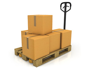 Image showing Stack of carton boxes on a pallet with a pallet truck