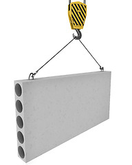 Image showing Crane hook lifts up concrete plate isolated