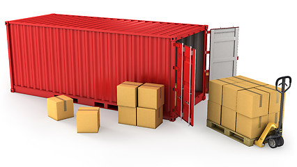 Image showing Red opened container and many of carton boxes on a pallet