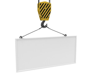 Image showing Yellow crane hook lifting white blank plane for text