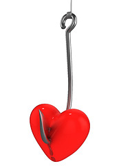 Image showing Red heart on a fishing hook