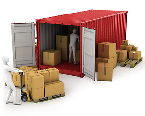 Image showing Two workers unload container