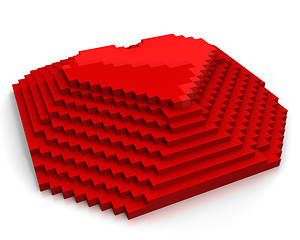 Image showing Pyramid with heart on top made of red cubic pixels,diagonal view