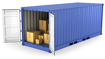 Image showing Blue opened container with carton boxes inside