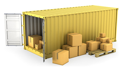 Image showing Yellow opened container with a lot of carton boxes