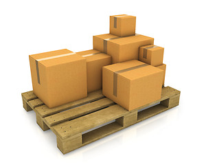 Image showing Stack of different sized carton boxes on wooden pallet