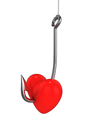 Image showing Red heart on a fishing hook