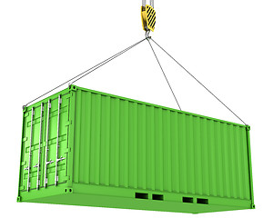 Image showing Green freight container hoisted