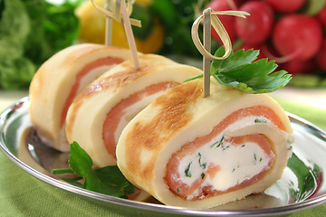 Image showing Pancakes with salmon and cream cheese