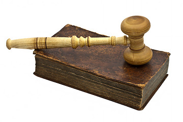 Image showing Old book and gavel isolated on white background