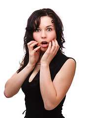 Image showing Young woman holding her face in astonishment