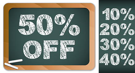 Image showing Sale Percentages on Blackboard with Chalk. Other percentages in 