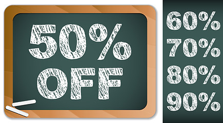 Image showing Sale Percentages on Blackboard with Chalk. Other percentages in 