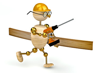 Image showing 3d wood man with a drill