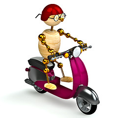 Image showing 3d wood man is riding on moped