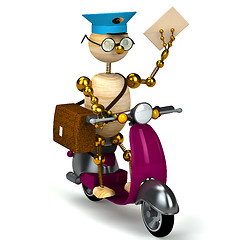 Image showing 3d wood postman is riding on moped