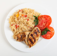 Image showing Cajun chicken and rice meal from above