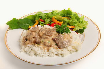 Image showing Beef stroganoff with salad