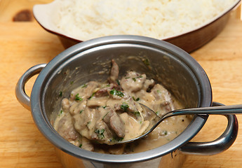 Image showing Beef stroganoff and rice horizontal