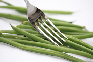 Image showing haricots verts - common green beans on a fork