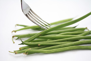 Image showing haricots verts - common green beans on a fork