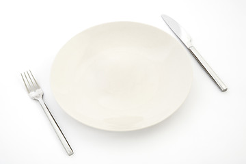 Image showing Knife, white plate and fork