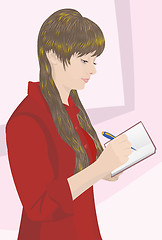 Image showing The girl in red blouse wrote pen in a notebook