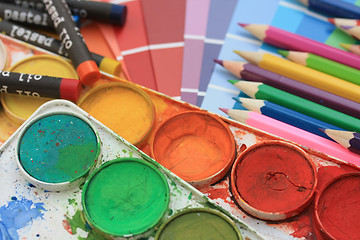 Image showing Collection of color samples, water colors and pencils