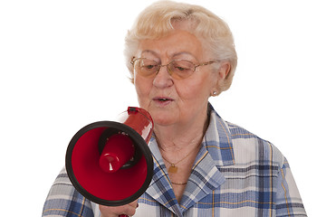 Image showing Female senior with megaphone
