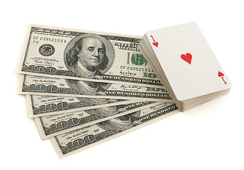 Image showing Deck of cards and money on white background