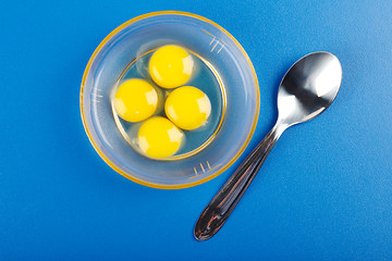 Image showing Broken quail eggs and spoon