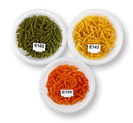 Image showing Artificially colored pasta in plates