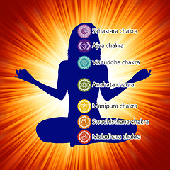 Image showing Woman in lotus position with seven chakras. EPS 8