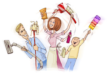 Image showing Family doing spring cleaning