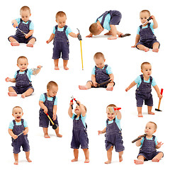 Image showing Collage of little boy playing with tools